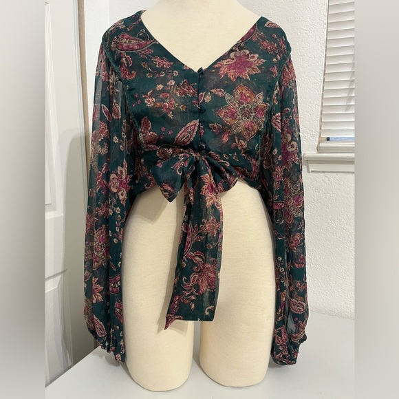 Band Of The Free River Deep Pine Paisley Tie Front Crop Top Small Cottagecore - Picture 2 of 13